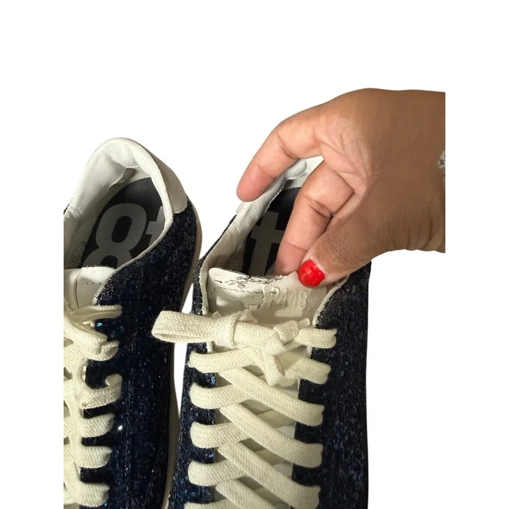 P448 John Navy Blue Glitter Low‎ Top Sneakers Womens Size 37 Made In Italy